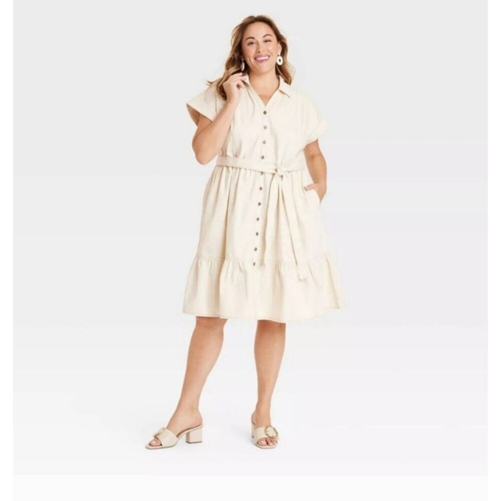 Ava & Viv Beige Short Sleeve Denim Tiered Midi A-Line Dress NEW Women's 1X